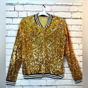 Anna Kaci Sparkle & Shine Collection Gold Sequin Lined Bomber Jacket Size XXL